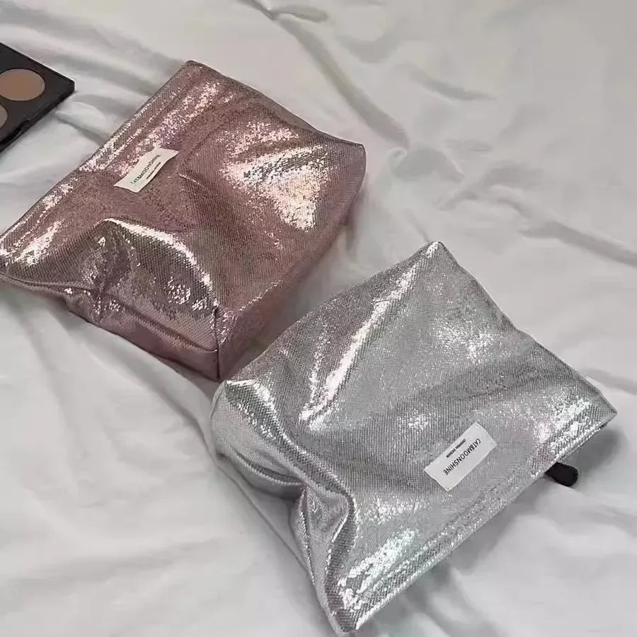 Portable Large Capacity Shiny Sequins Cosmetic Bags Silver Champagne for Women Toiletries Skincare Storage Bag Make Up Pouch