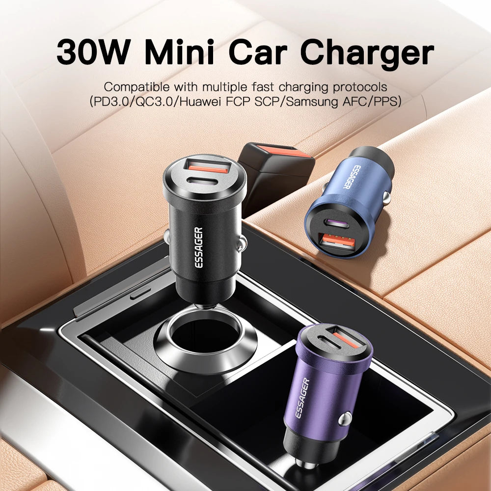 Essager USB Car Charger Quick Charge 4.0 QC4.0 PD3.0 SCP 5A Type C 30W Fast Car USB Charger For iPhone 13 12 Xiaomi Mobile Phone