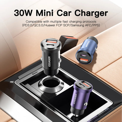 Essager USB Car Charger Quick Charge 4.0 QC4.0 PD3.0 SCP 5A Type C 30W Fast Car USB Charger For iPhone 13 12 Xiaomi Mobile Phone