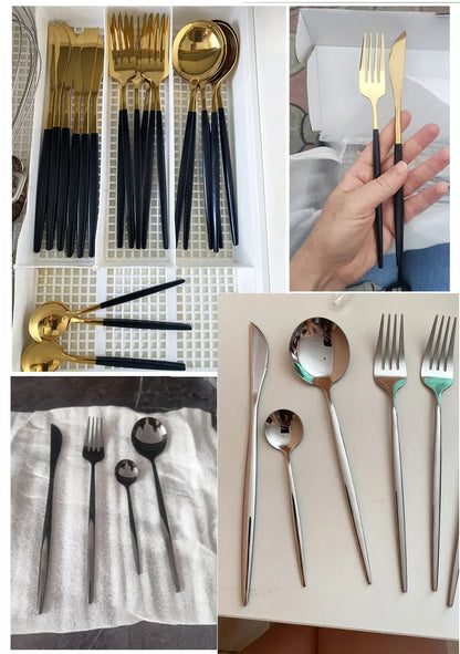 24Pcs Stainless Steel Cutlery Set Black Handle Golden Dinnerware Knife Fork Spoon Kitchen Tableware Gift Set