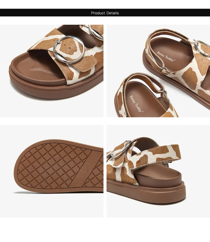 BEAUTODAY Casual Sandals Women Horseskin Animal Prints Double Buckles Straps Thick Sole Outdoor ladies Shoes Handmade 34616