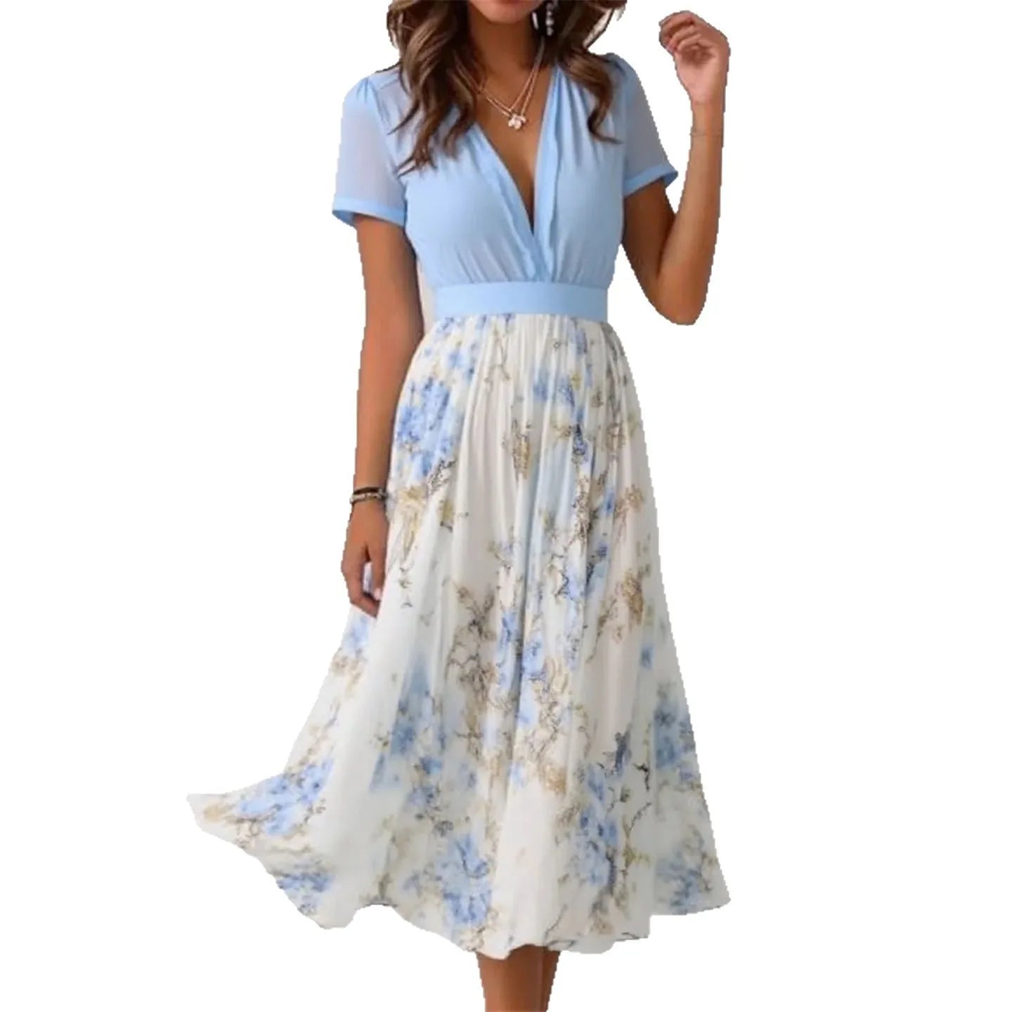 Fashion Floral Print Bohemian Long Dress Woman 2025 Deep V Neck Puff Long Sleeve Slim Waist Patchwork Maxi Dress Summer Vacation