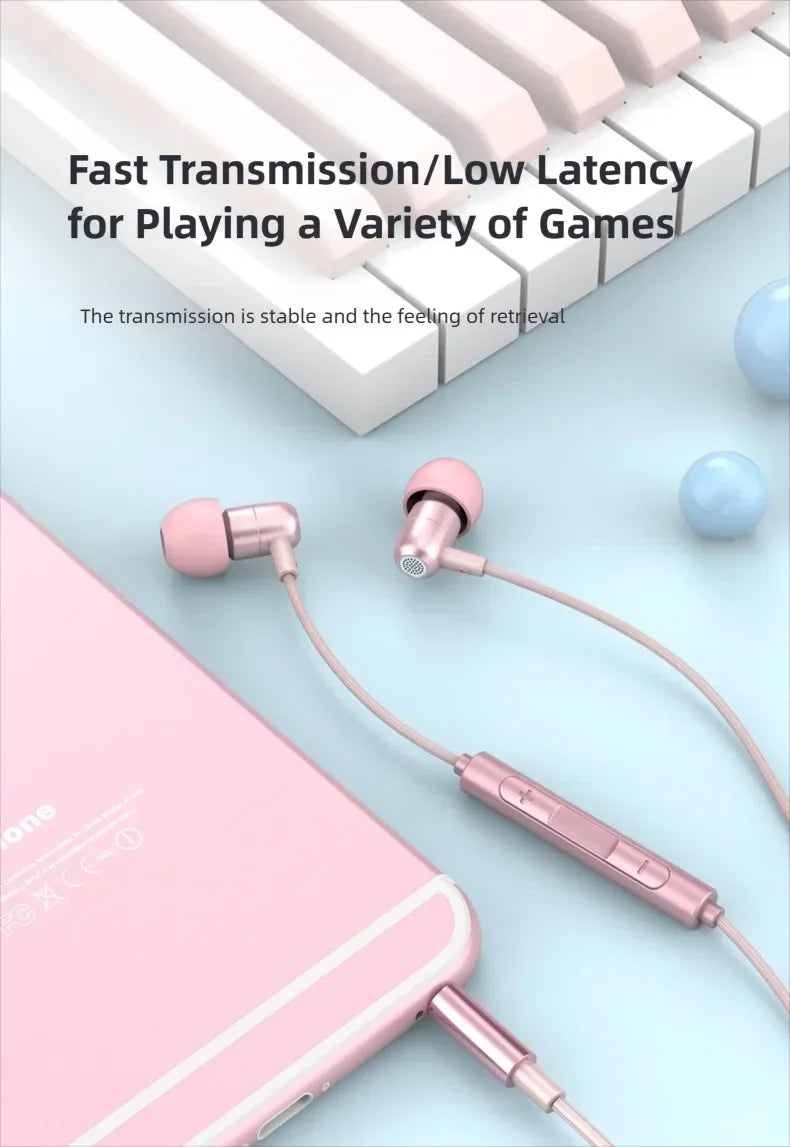 Portable In Ear Music Wired Pink Earphones For Girl Women Gaming Play With Mic Sleep Anti-lost Wired Type C 3.5mm Headphone