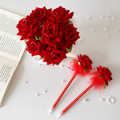 10pcs/set Simulated Rose Shaped Ballpoint Pen Valentine's Day Desktop Decoration Supplies Student Writing Supplies Set