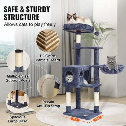 SucceBuy Cat Tree for Indoor Cats 45.2"  Tower with Cat Condo Sisal Scratching Post HammockTop Perch Jumping Platforms Dark Grey