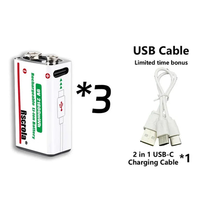 Rechargeable 9V Battery USB-C Charge,21800mWh Long-lasting 9V Li-Ion Battery with Free Cable,for Smoke Alarm,Camera,Clocks,Audio