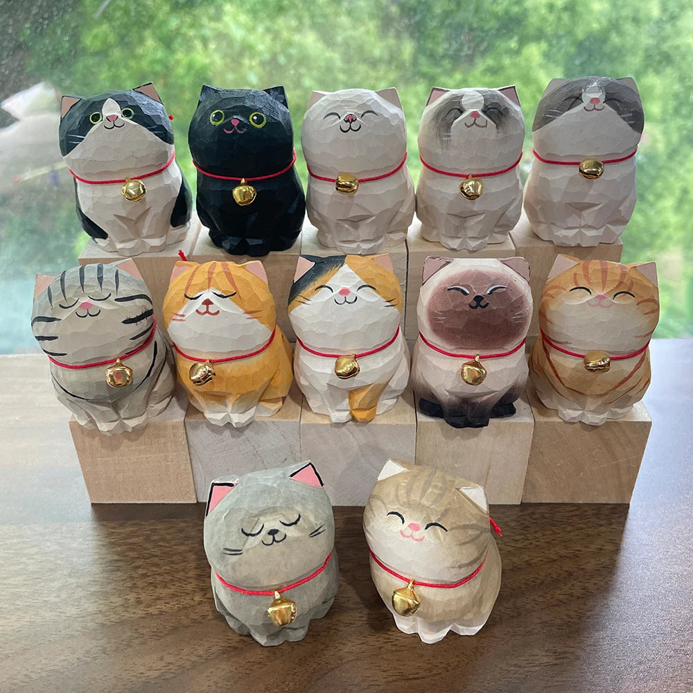 Cute Cat Animals Figurine Decorative Wooden  Ornament Kitten Statue Calico Golden gradient cat Home Office Desk Car Decor Gift