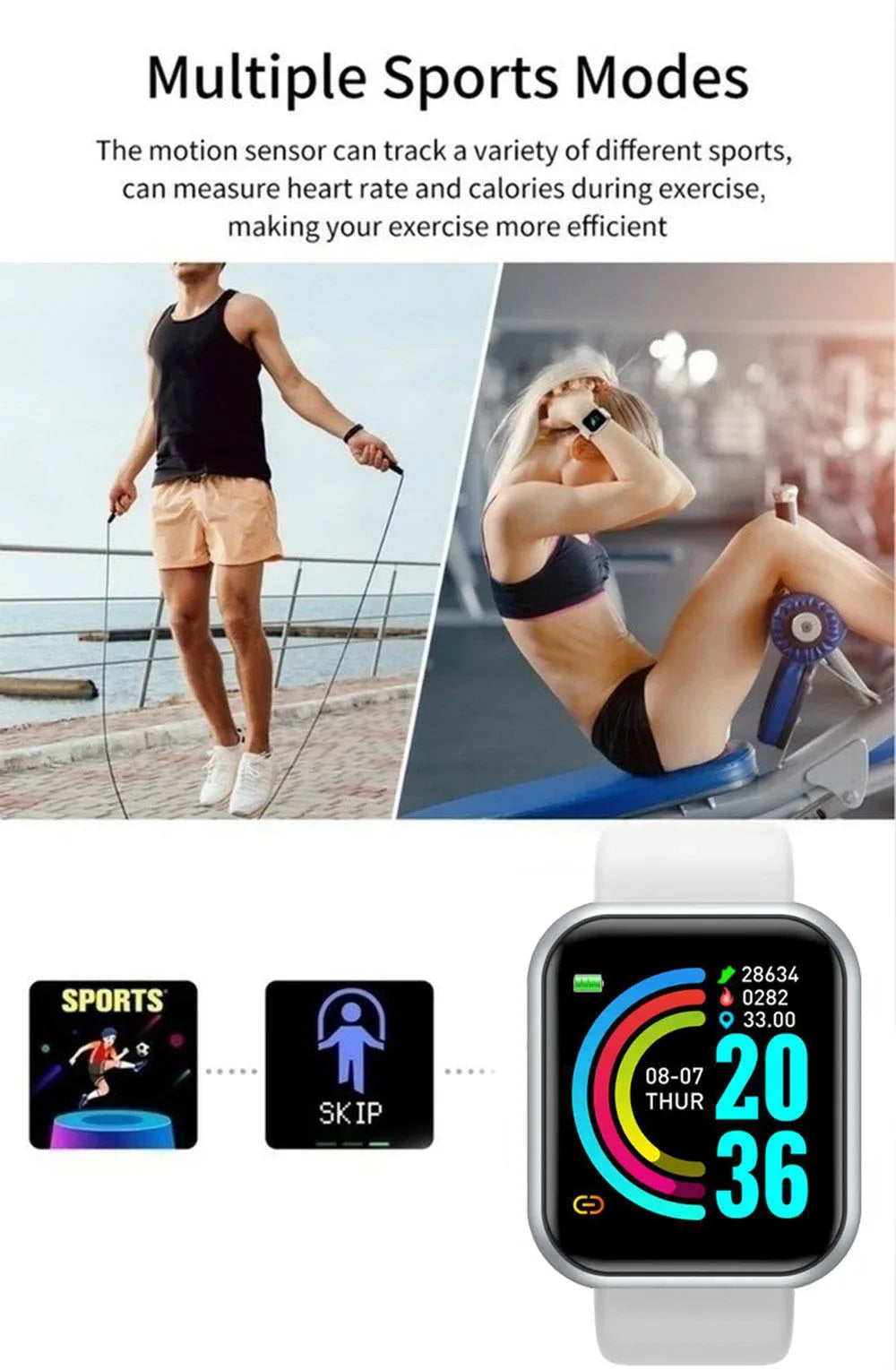 Multifunctional Smart Watch Men Women Bluetooth Connected Phone Music Fitness Sports Bracelet Sleep Monitor Y68 Smartwatch D20