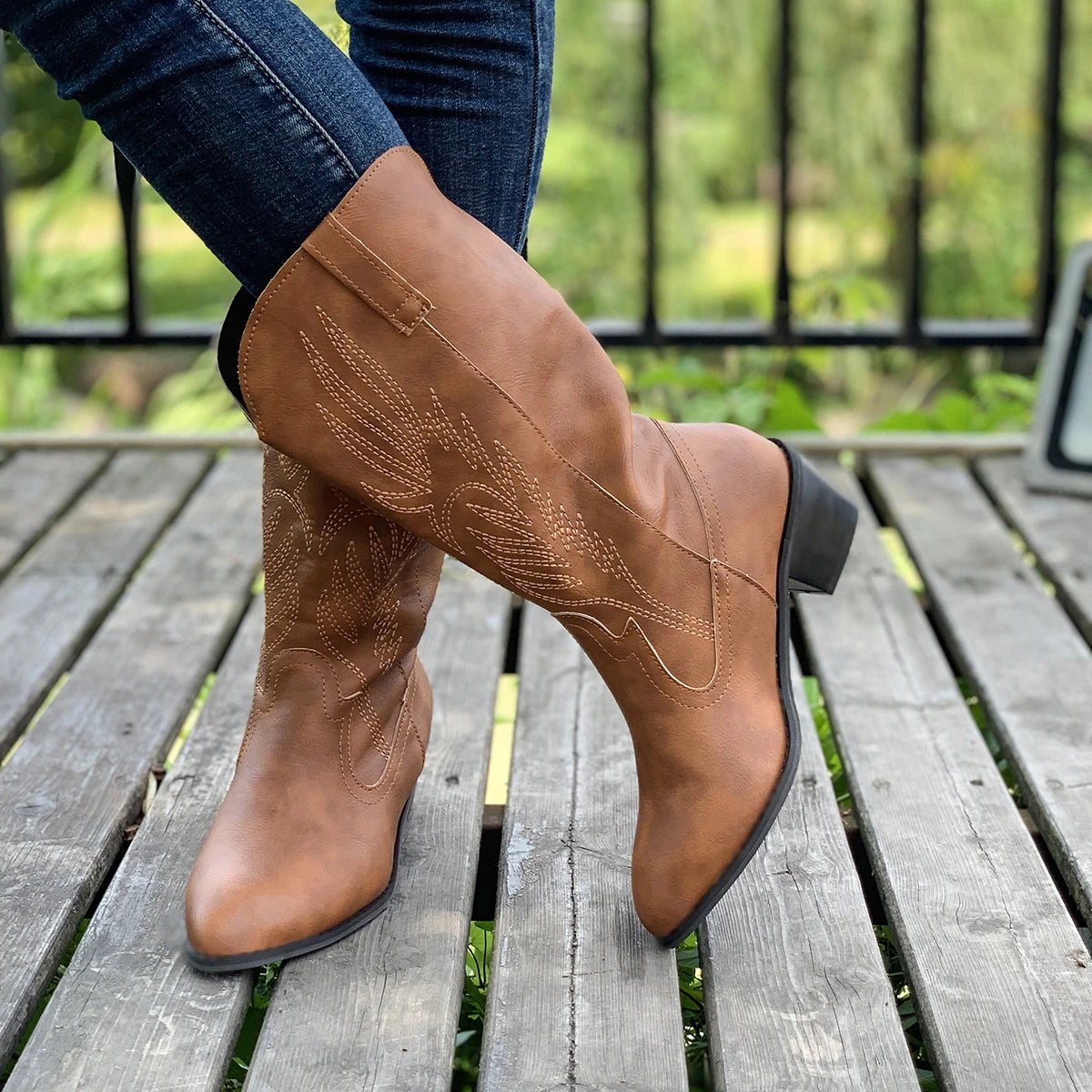 2024 Classic Embroidered Western Cowboy Boots for Women Leather Cowgirl Boots Low Heels Shoes Knee High Woman Boots Size36-43