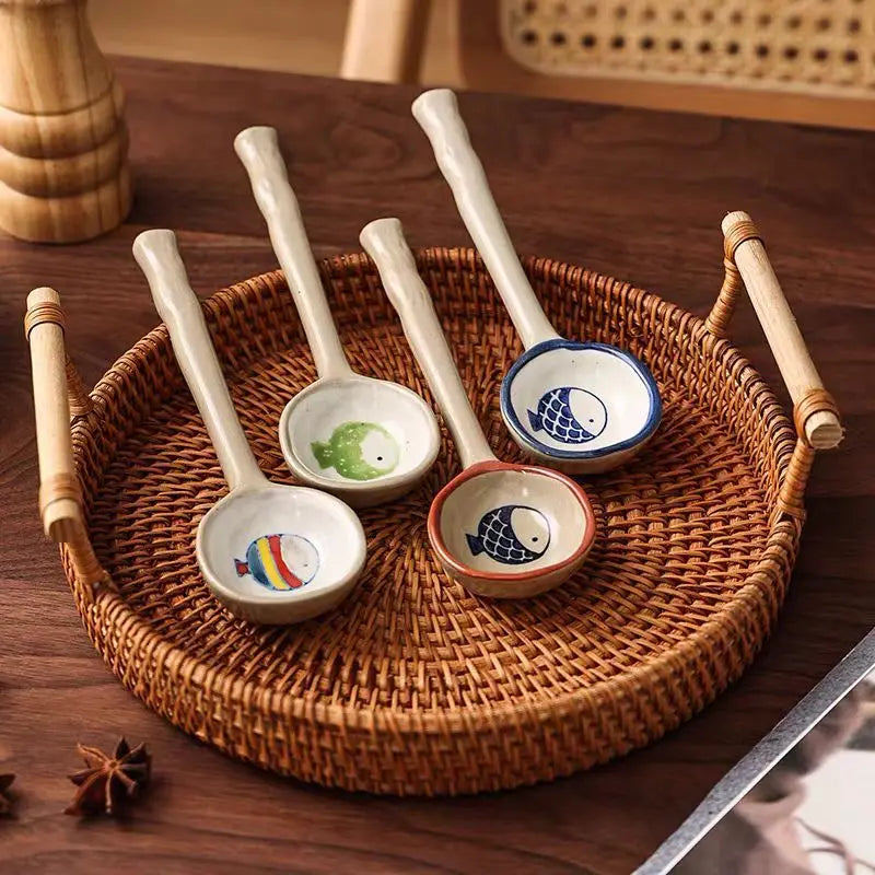 Cute Ceramic Flower Soup Spoon Kawaii Korean Ice Cream Hand Painted Dessert Spoon With Long Handle Kitchen Tableware Accessories