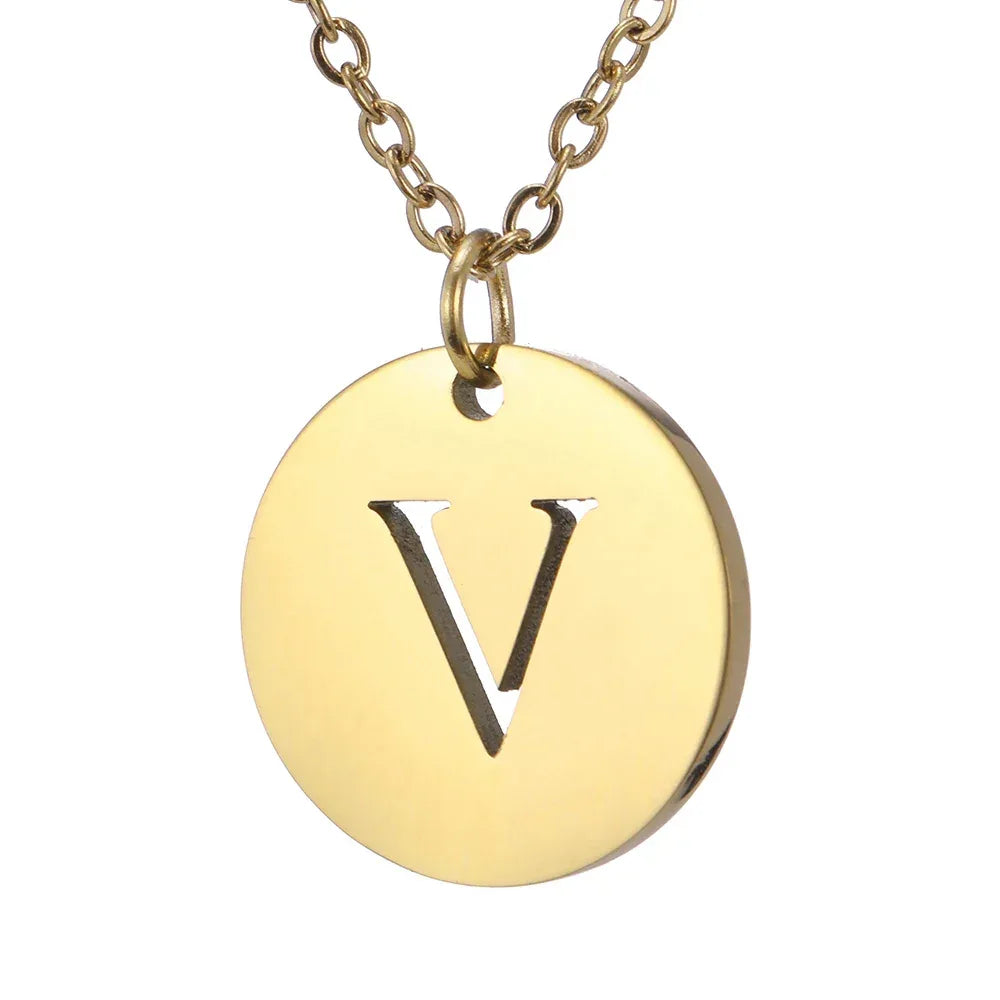 New Trend Stainless Steel Gold Silver Color Initials Necklace Hollow Round 26 Letter Pendant Necklace Jewelry Christmas Gift