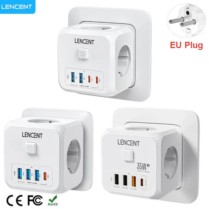 LENCENT Multi USB Wall Socket Cube with 3AC Outlets USB-A and Type C 7-in-1 Power Strip EU Plug Socket On/Off Switch for Home