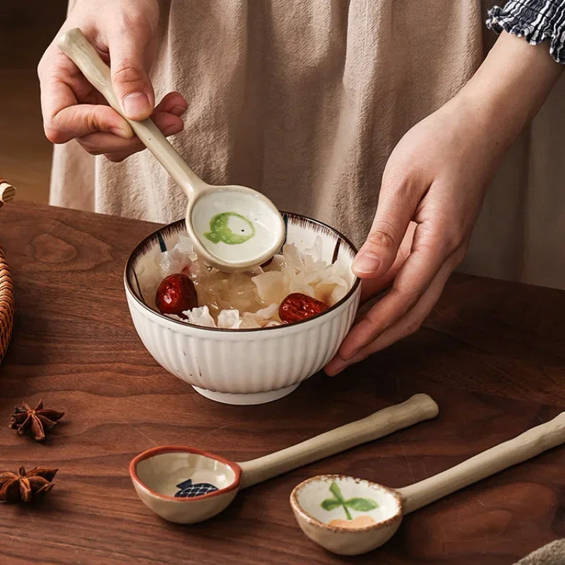 Cute Ceramic Flower Soup Spoon Kawaii Korean Ice Cream Hand Painted Dessert Spoon With Long Handle Kitchen Tableware Accessories
