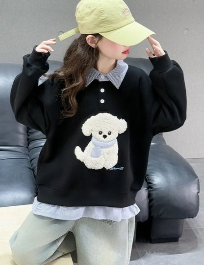 Sweatshirt Girls' 2025 New Faux Two-Piece Polo Hoodie Spring/Autumn Kids Medium-Large Loose Fit Cartoon Puppy Top