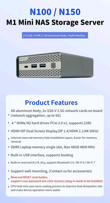 SZBOX M1S Intel N100/N150 MINI PC Windows 11 Pro DDR5 4800MHz 4*M.2 SSD RJ45 4k HD Desktop DIY NAS Host Metal Case Soft Router