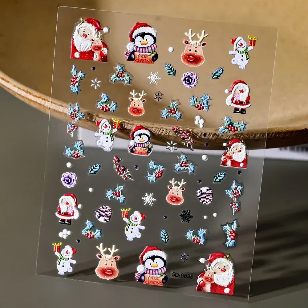 1pc Christmas Nail Art Stickers 5D Winter Holiday Themed Nail Decor Santa/Snowflakes/Christmas Trees/Gingerbread Nail Supplies *