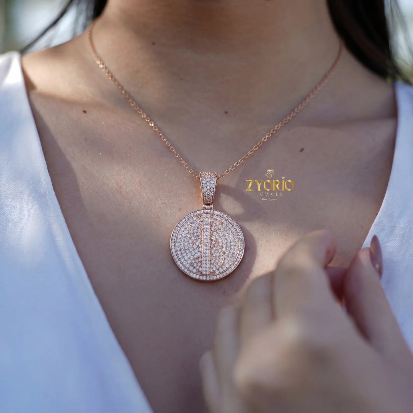 Women's Silver Minimalist Luxury Diamond Medallion Pendant Sparkling Gold Plated Modern Elegant Engagement Anniversary Wedding