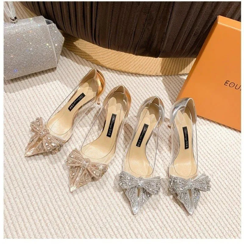 Spring Summer Fashion Rhinestone Bowknot Women Pumps Sexy Silk Pointed Toe Strange High Heels Party Prom Shoes Gold Silver