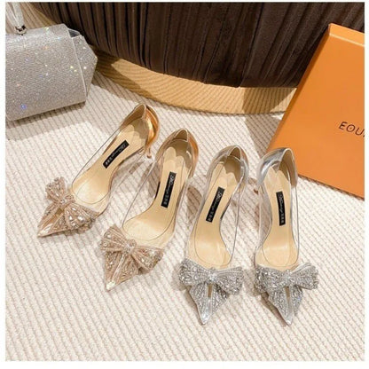 Spring Summer Fashion Rhinestone Bowknot Women Pumps Sexy Silk Pointed Toe Strange High Heels Party Prom Shoes Gold Silver