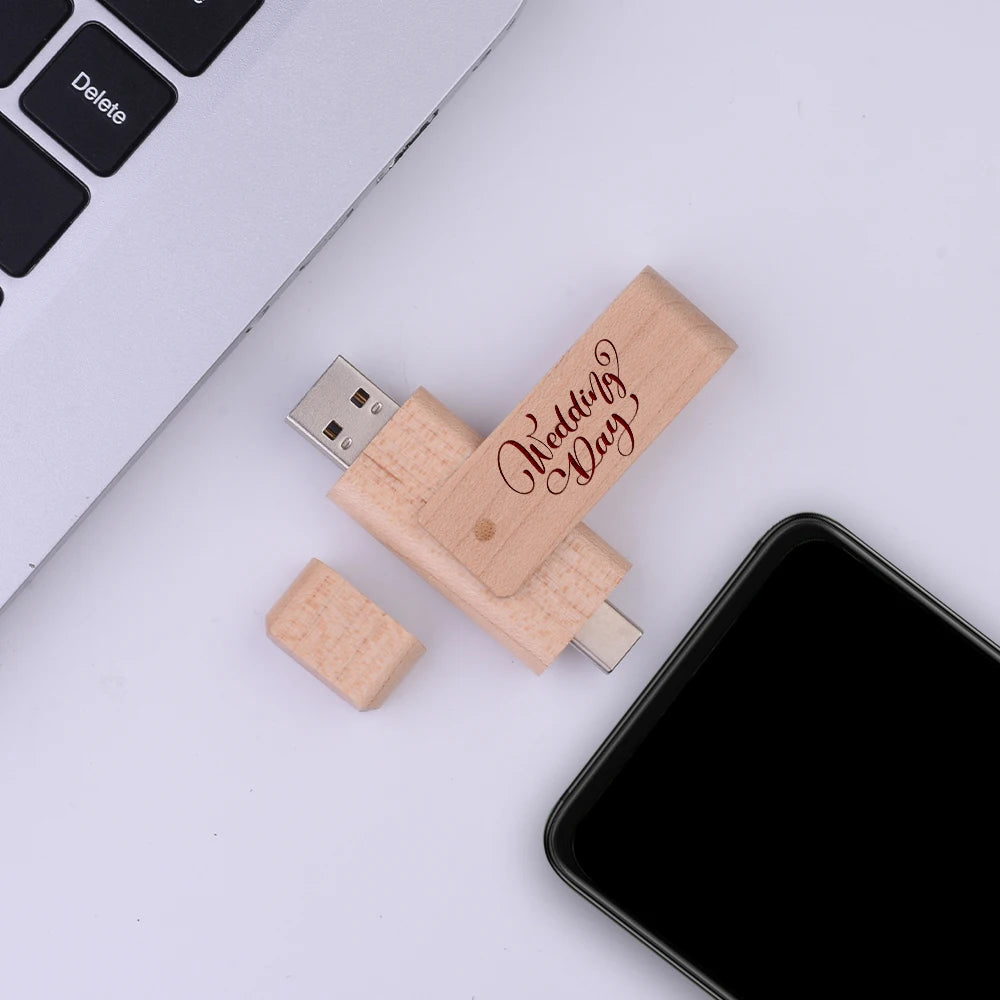 USB3.0 Wooden  TYPE-C Free Custom Logo USB 3.0 Flash Drive 128GB Rotatable Pen Drive 64GB Memory Stick Creative Gift Pendrive