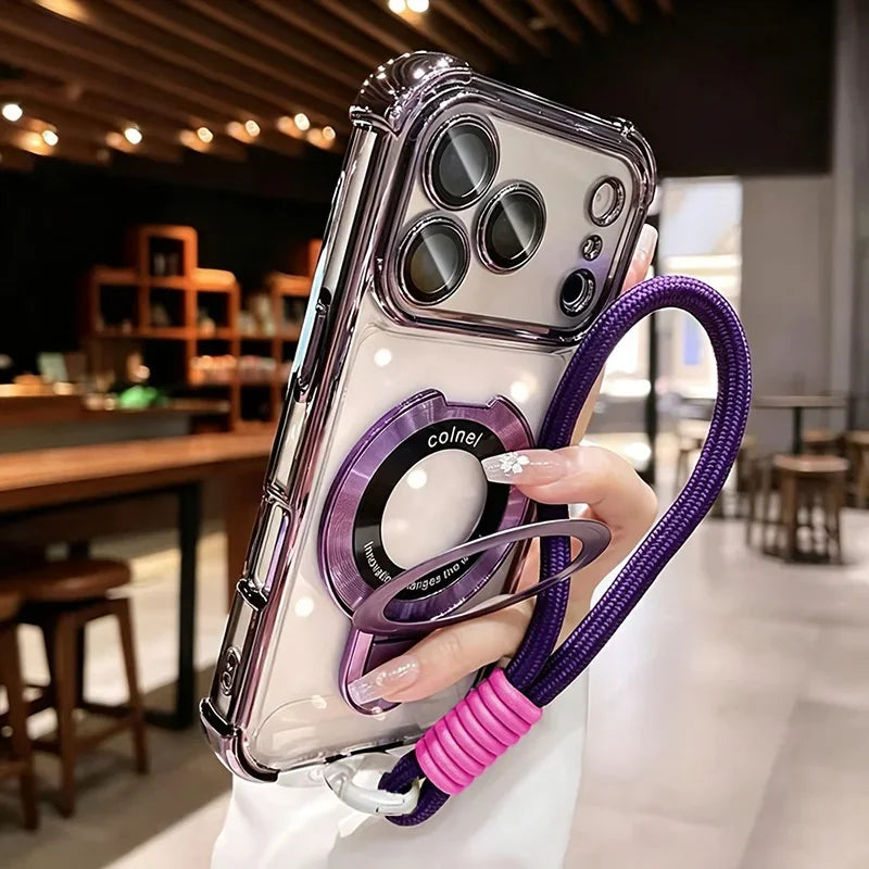 Luxury Transparent Magnetic Stand Plating Phone Case For iPhone 18 Pro Max 17 Pro 16 15 14 Plus 13 12 11 With Soft Lanyard Cover