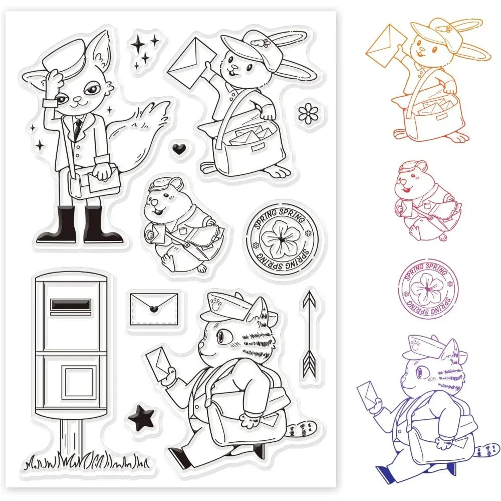 Animal Postman Silicone Clear Stamps Fox Hamster Rabbit Cat Transparent Stamps for Birthday Valentine's Day Cards Making DIY