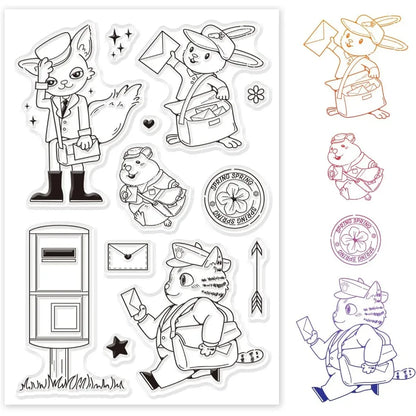 Animal Postman Silicone Clear Stamps Fox Hamster Rabbit Cat Transparent Stamps for Birthday Valentine's Day Cards Making DIY