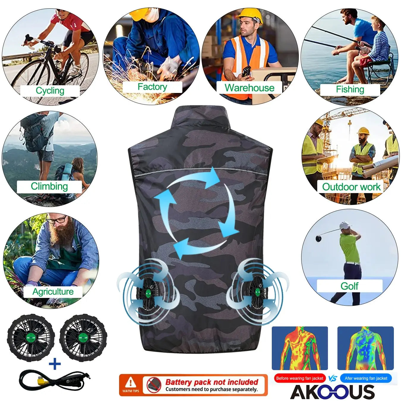AKOOUS 12V/5V USB 4 Fans Cooling Vest Men Wearable Air Conditioned Clothes for Outdoor Work Fishing Hiking Loose Cool Vest