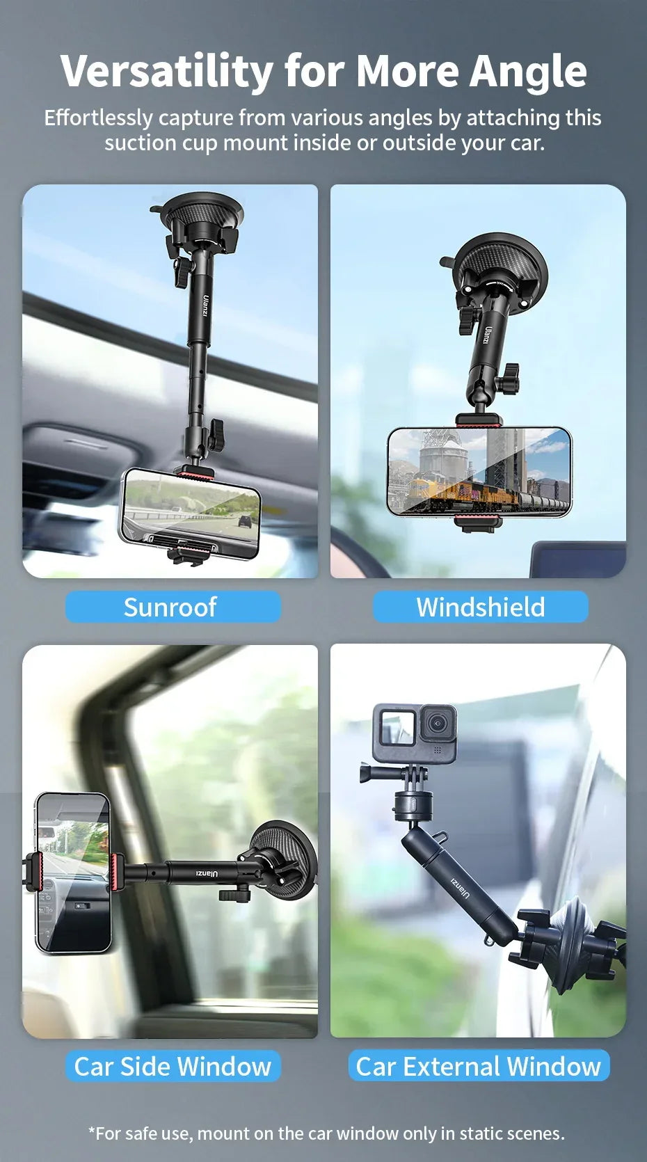 Ulanzi Go-Quick II Action Camera Smartphone Suction Cup Mount 1/4'' Screw 360° Ballhead For GoPro for Insta360 Phone Car Holder