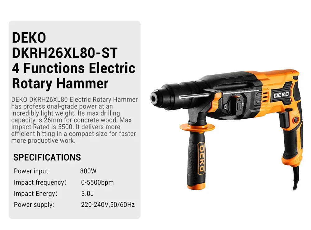 DEKO DKRH26XL80-ST 4 Functions Electric Rotary Hammer Multifunctional Rotary Accessories Electric Demolition Hammer Impact Drill