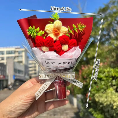 DTCTK Knitted Flower Bouquet Crochet Rose Flowers Hugging Bucket Christmas Gifts Living Room Desk Decoration Valentine's Day Gif