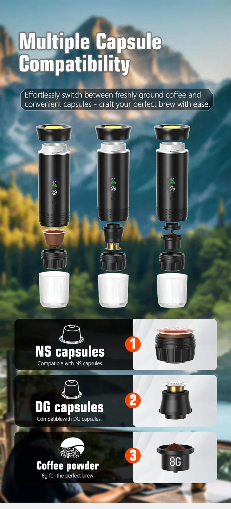 DENOKIN Portable Espresso Coffee Machine With Digital Display 3-in-1 Capsule Coffee Maker for Car & Home Camping Coffee Maker