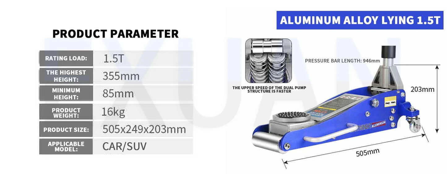 Automotive Aluminum Alloy Horizontal Hydraulic Jack Tire Replacement Auto Repair Lifting Jack Car SUV Off road Vehicle Aluminum