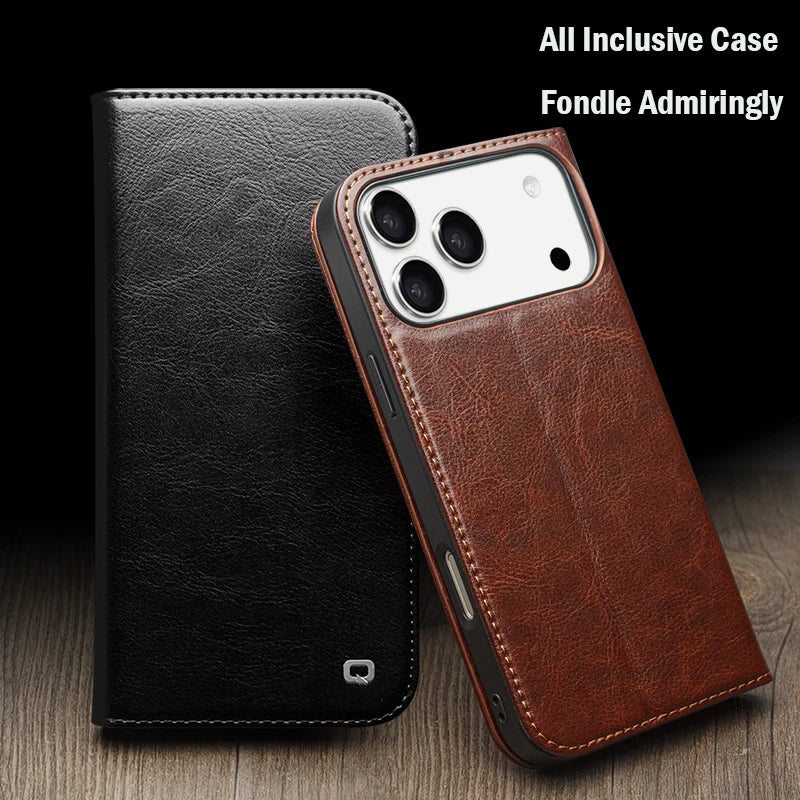 QIALINO Genuine Leather Flip Case for iPhone 17 Bracket Handmade Business Cover with Card Slots for iPhone 17 Pro Max/17 Air