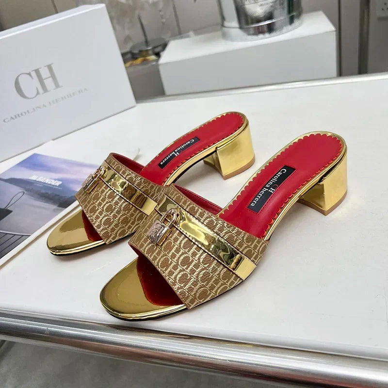 CH Brand Metal Buckle Embossed Sandals With Block Heels Open Toe Design Comfortable And Stylish Outdoor Slippers