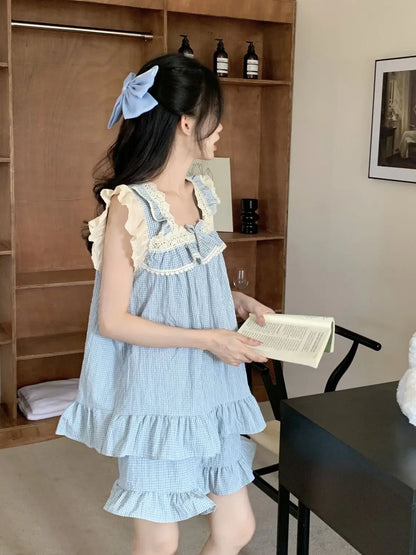 Pajama Sets Women Kawaii Tender Summer Bow Design Girlish Fashion Japanese Style Ruffles Sleepwear Home Student Casual Dormitory