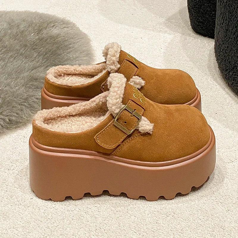 Platform High Heels Slippers Women Suede Mules Shoes Fur Warm Wedges Flip Flops 2025 Winter New Snow Boots Fashion Zapatos Mujer