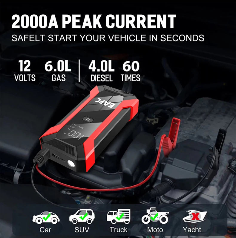 EAFC 12V  Car Jump Starter Power Bank Portable Car Battery Booster ChargerStarting Device Auto Emergency Start-up Lighting