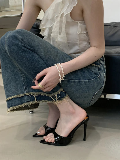 Hlieny 2026 Summer Fashion Stiletto Heels Women Pointed Toe Slippers Banquet Dress Sandals Party Wedding Mule Slides Shoes