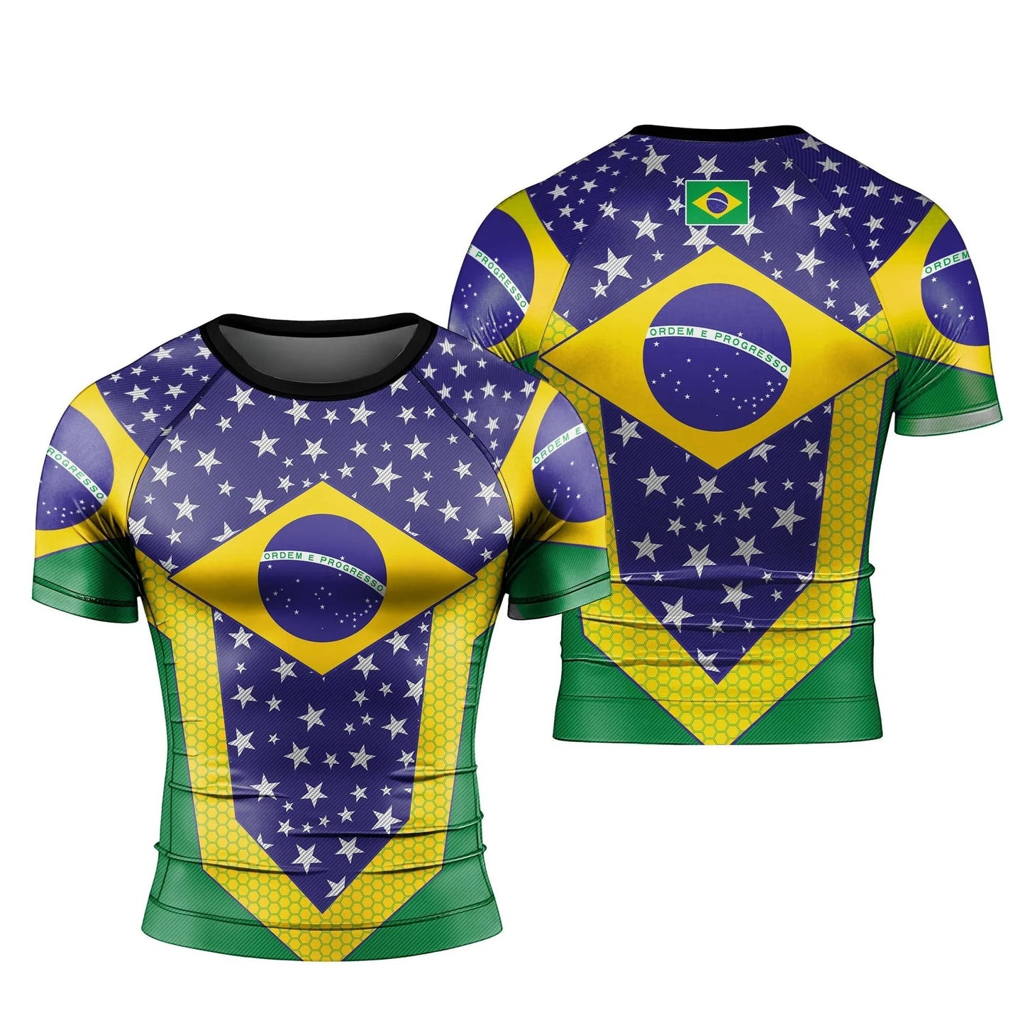 Brazil Jiu-Jitsu Rash Guard,Men Women Short Sleeve Compression Training Shirt with Brazil Flag Print Quick-Drying Sports T-shirt