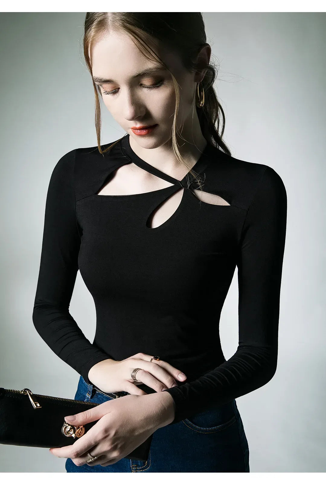 Spring Autumn Modal T-shirts Women Long Sleeve Irregular Collar Hollow Out Tees Shirts Female Base Tops