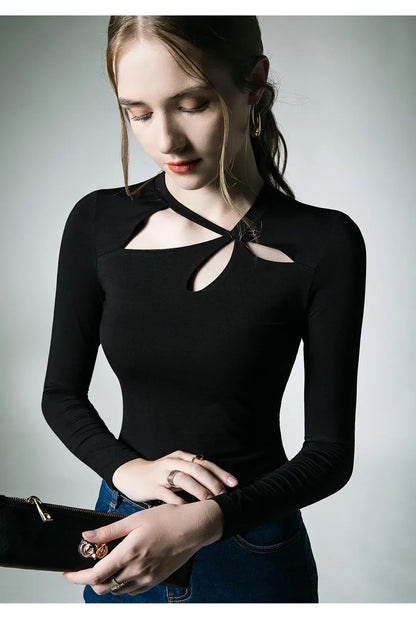 Spring Autumn Modal T-shirts Women Long Sleeve Irregular Collar Hollow Out Tees Shirts Female Base Tops