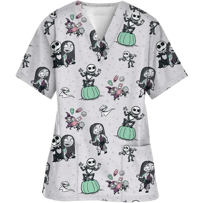Christmas Nightmare V-neck Work Clothes Halloween Surgery plus size Nurse Medical Clothes Matte Top Women
