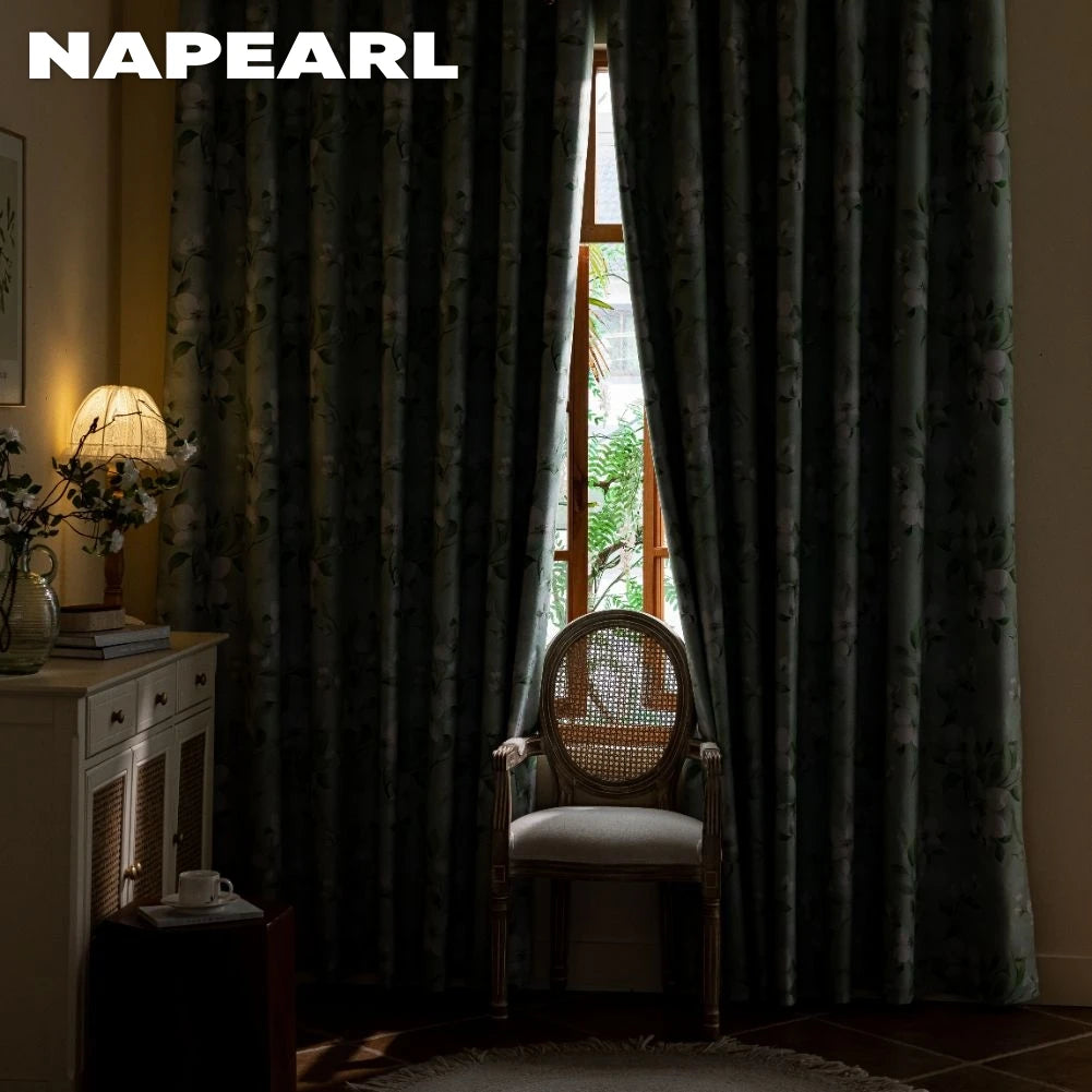 1PC European Style 100% Blackout Curtain for Bedroom Living Room Green Leaf Flower Printed Window Drapes Summer Curtains