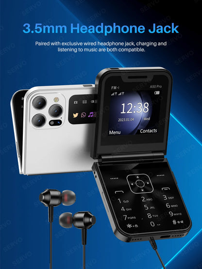 SERVO A50 PRO Flip Mobile Phone 2.4" Display Speed Dial Call Recording Blacklist 2 SIM Unlocked Foldable Cellphones New Version