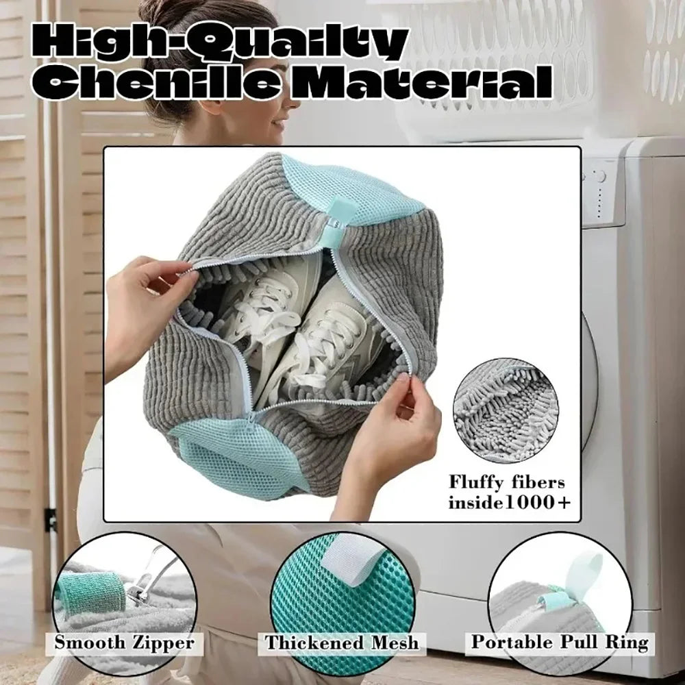 Fluffy Fiber 360 ° Surround Cleaning Shoe Washing Bag - Reusable Durable Machine-Washable Laundry Bag with Zipper Closure (1Pc)