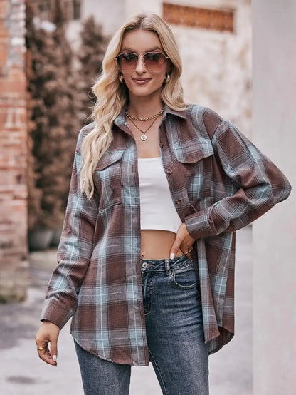 Autumn Plaid Shirt Women Long Sleeve Turn-down Collar Oversize Shirts Female Stylish Vintage Casual Blouse Ladies Chemise