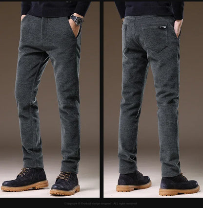 Casual Pants Men Winter New Fleece Business Elastic Waist Slim Korean Warm Thick Brushed Plush Trousers Male 28-38