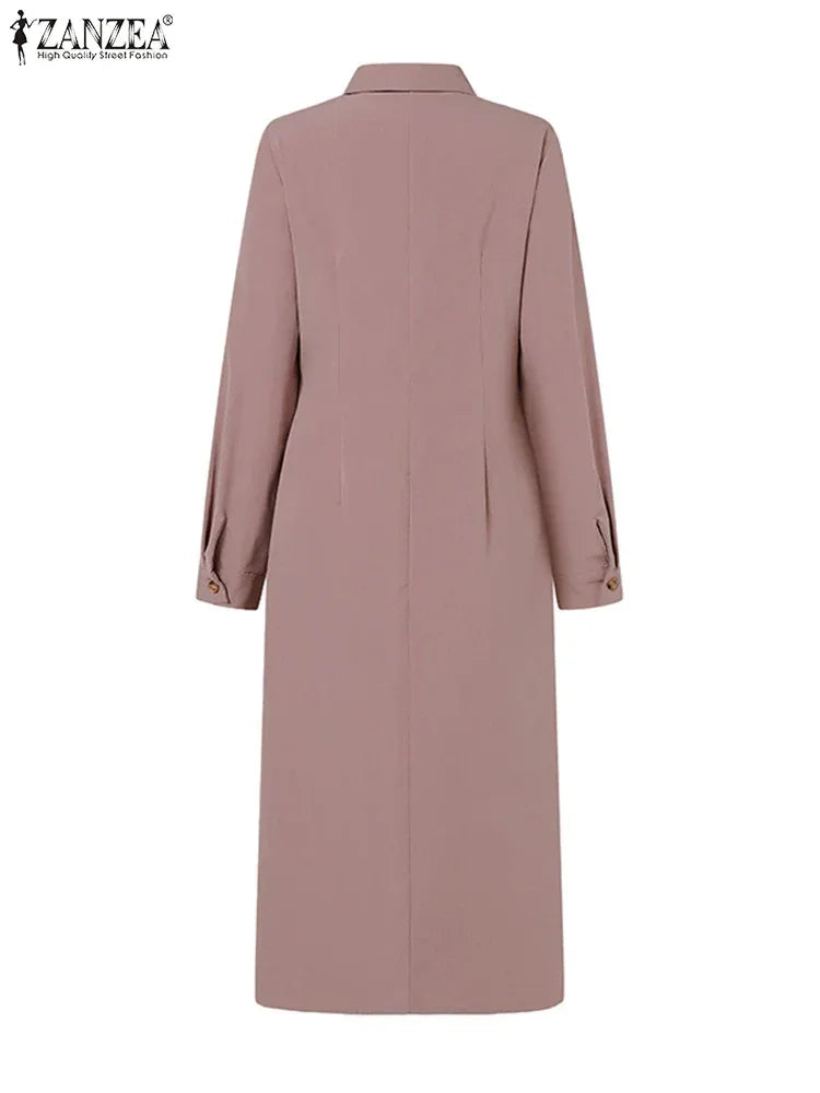 ZANZEA Women Lapel Long Sleeve Vestidos 2025 Spring Solid Work Dresses Casual Waisted No Belted Robe Office Lady Midi Spilt Robe