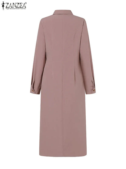 ZANZEA Women Lapel Long Sleeve Vestidos 2025 Spring Solid Work Dresses Casual Waisted No Belted Robe Office Lady Midi Spilt Robe